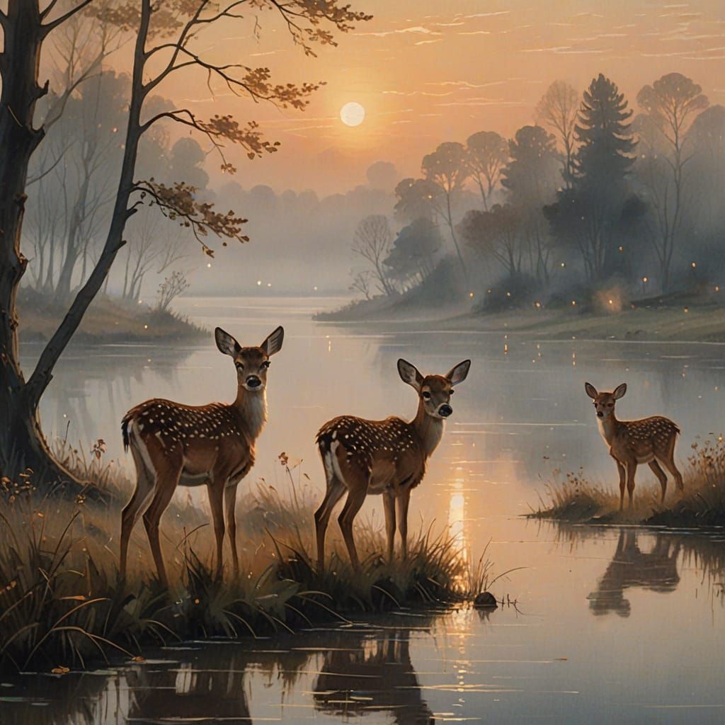 Fawns by Misty Lake in Romanticist Style