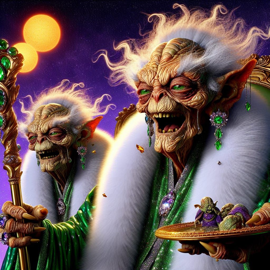 Elderly Alien Royalty Indulges in Luxurious Feast