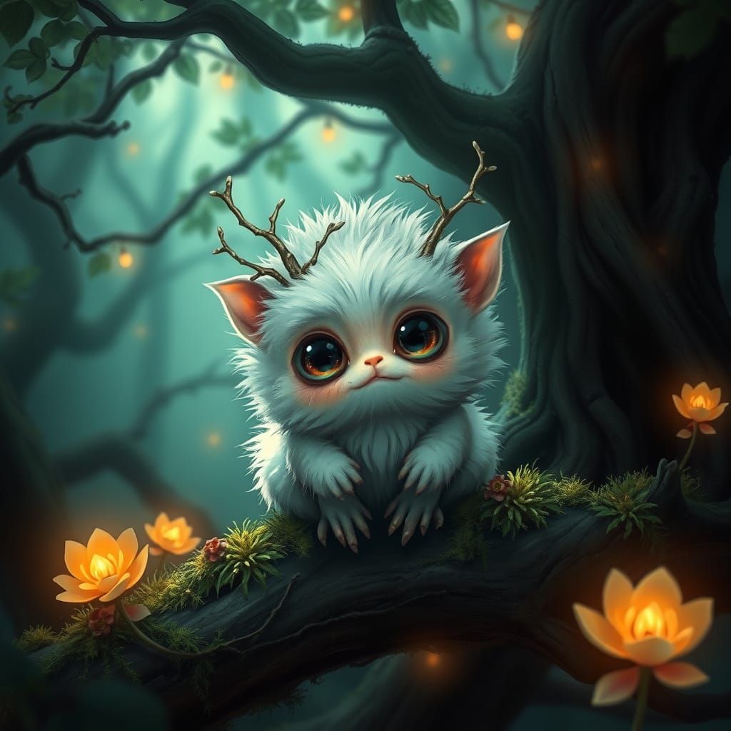 Cute Creature in Enchanted Forest with Ethereal Lighting
