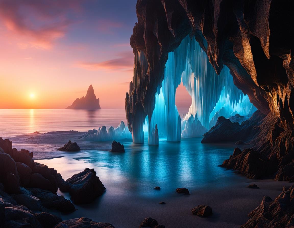 Luminous Crystal Cavern with Bioluminescent Formations