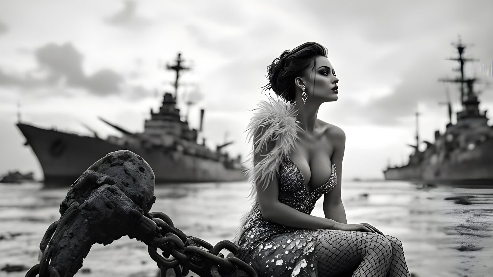 Defiant Showgirl on Anchor Amidst Post-Apocalyptic Fleet