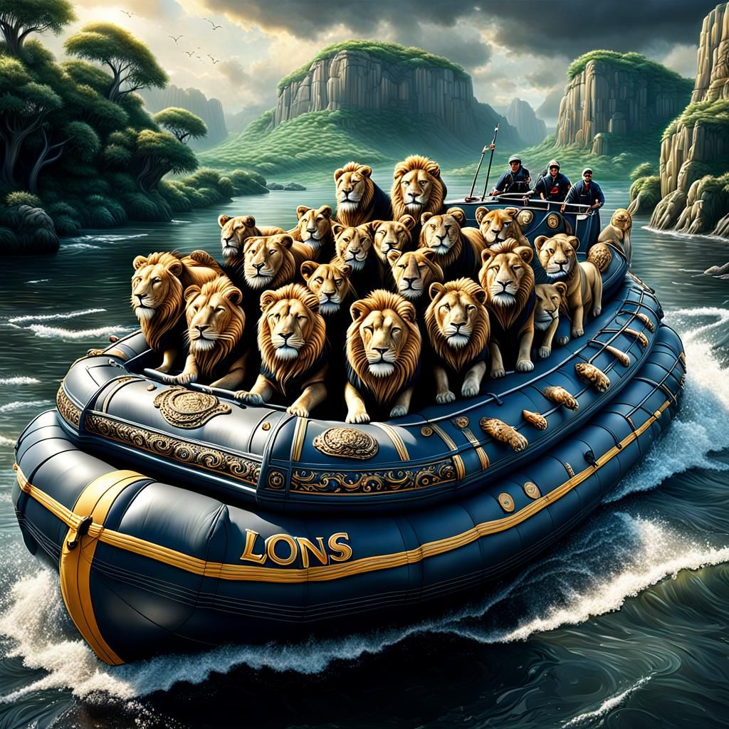 Zodiac Boat Full of Lions: Photorealistic Digital Painting