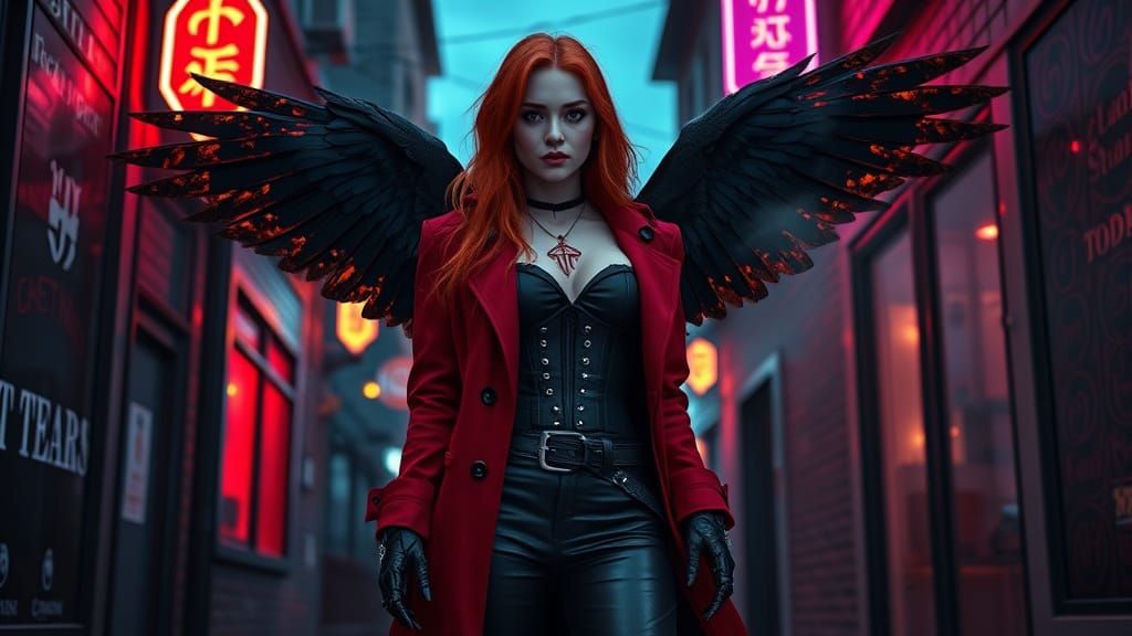 Gothic Woman with Raven in Neon Alley, Photorealistic