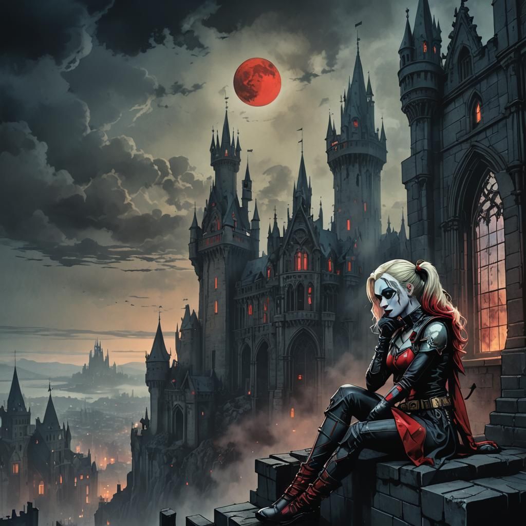 Sad Harley Quinn Overlooking Gothic City in Dark Fantasy Sty...