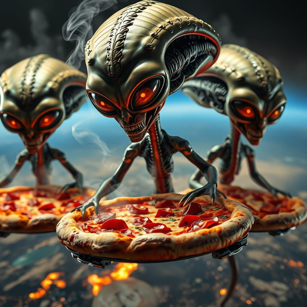 Alien Landing with Pizza, Hyperrealistic Sci-Fi Scene