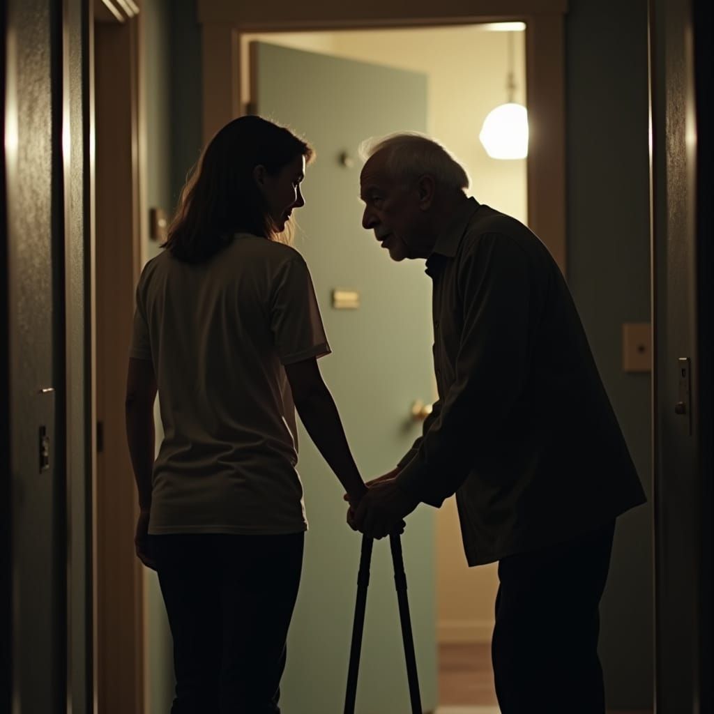 Teenager Helps Elderly Man, Cinematic Film Still