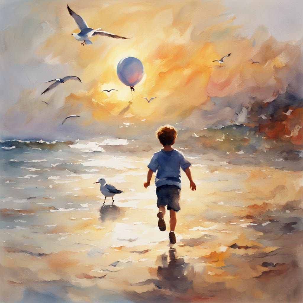 Impressionist Boy Chasing Balloon on Beach