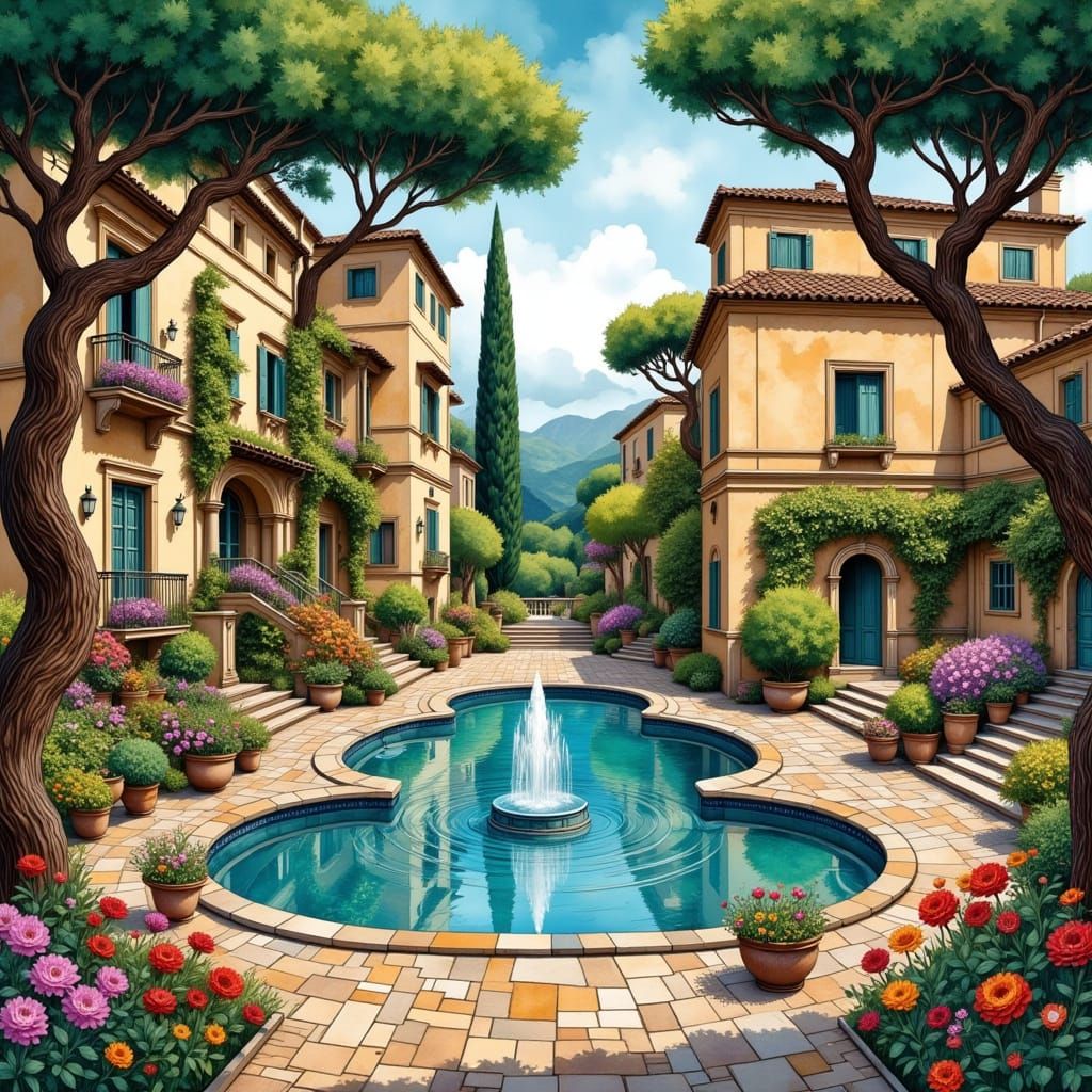 Ethereal Italian Courtyard Oasis in Painterly Style