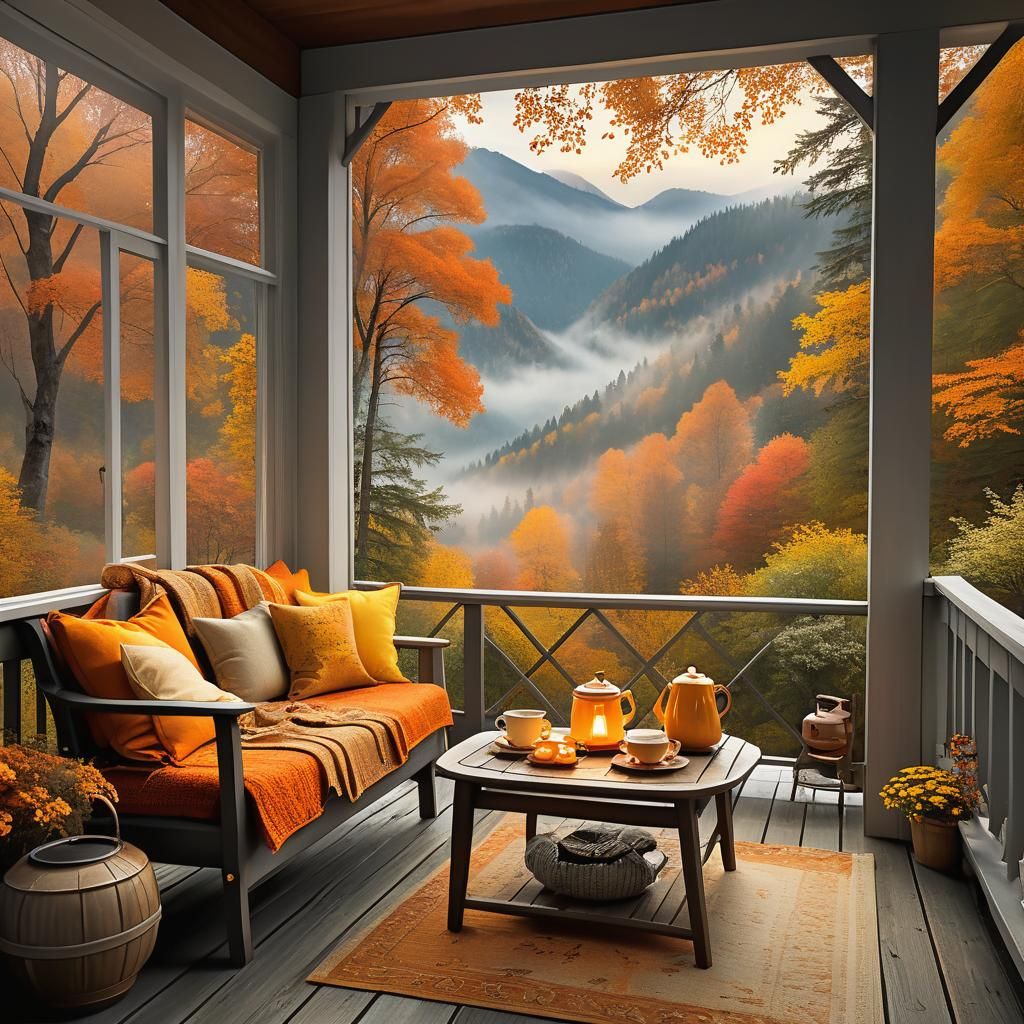 Cozy Autumn Porch in Serene, Mystical Landscape