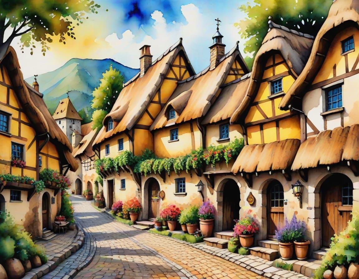 Medieval Village in Alcohol Ink Style