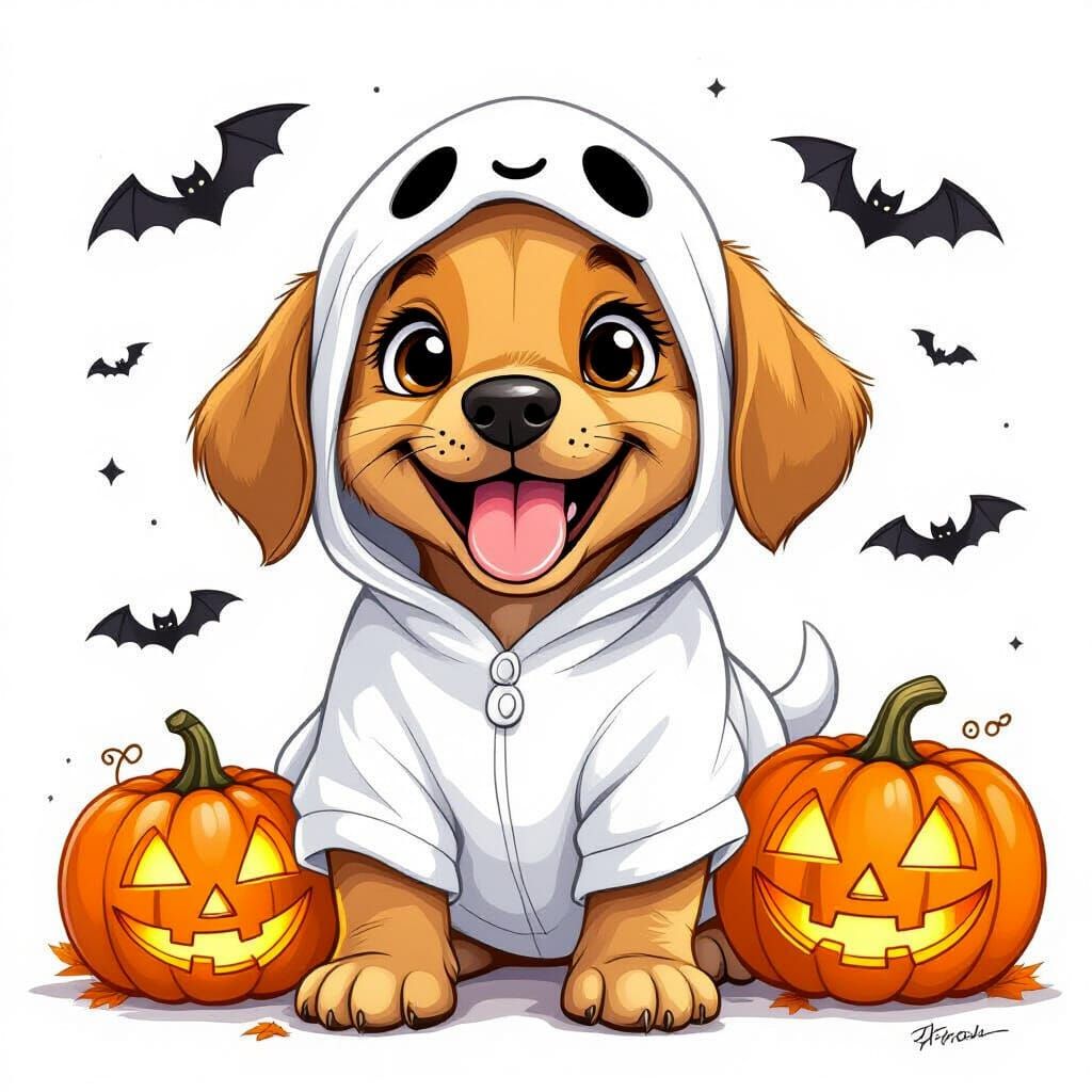 Vizsla Puppy in Ghost Costume with Jack-o'-Lanterns