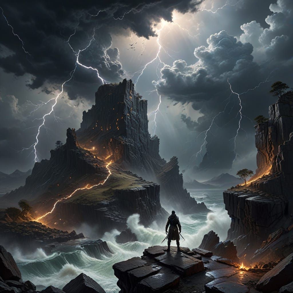 Surreal Fantasy Landscape with Silhouetted Figure and Turbul...