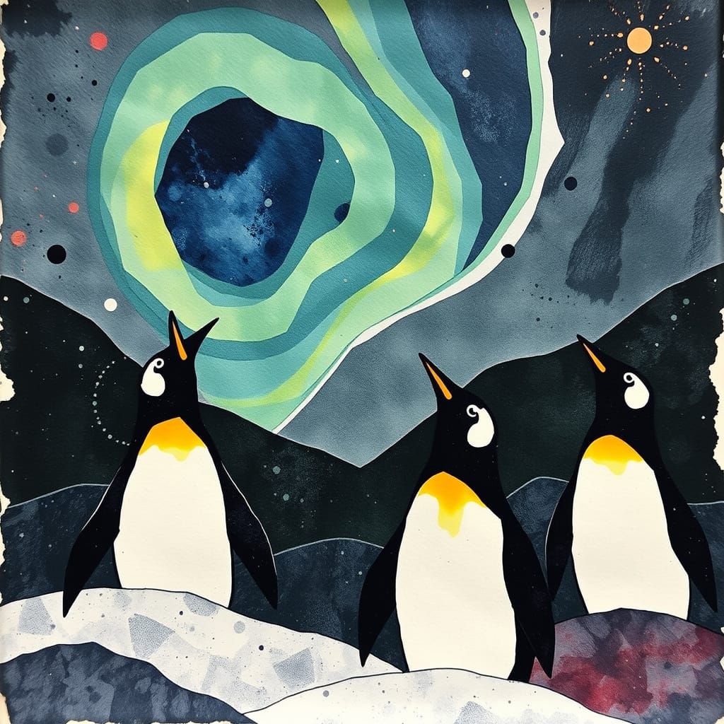 Penguins in Awe by the Northern Lights