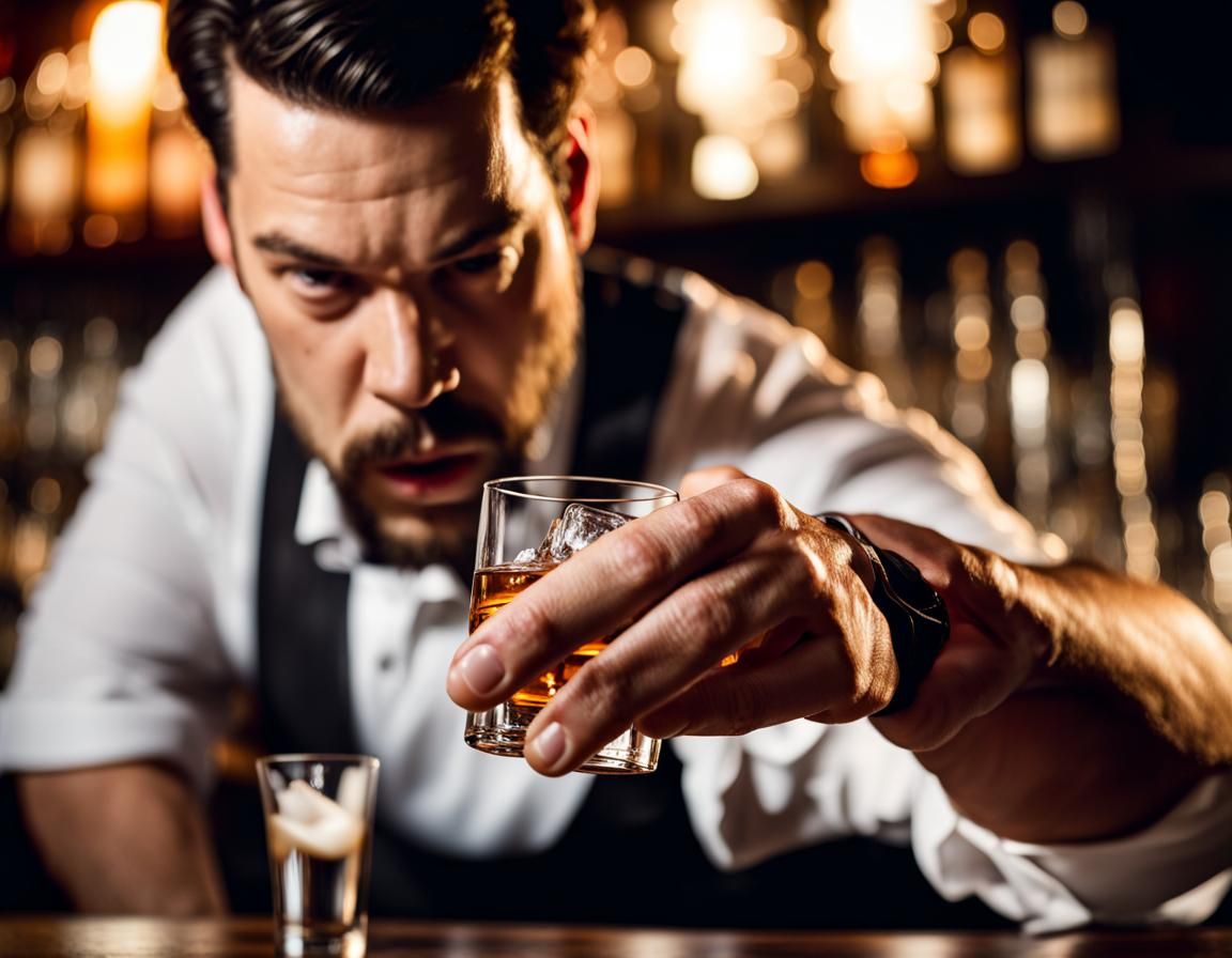 Bartender's Precision: Ice Cube in Whiskey Shot