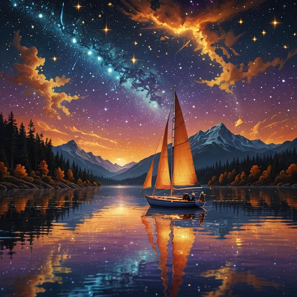 Sailboat on Lake Under Starry Night Sky
