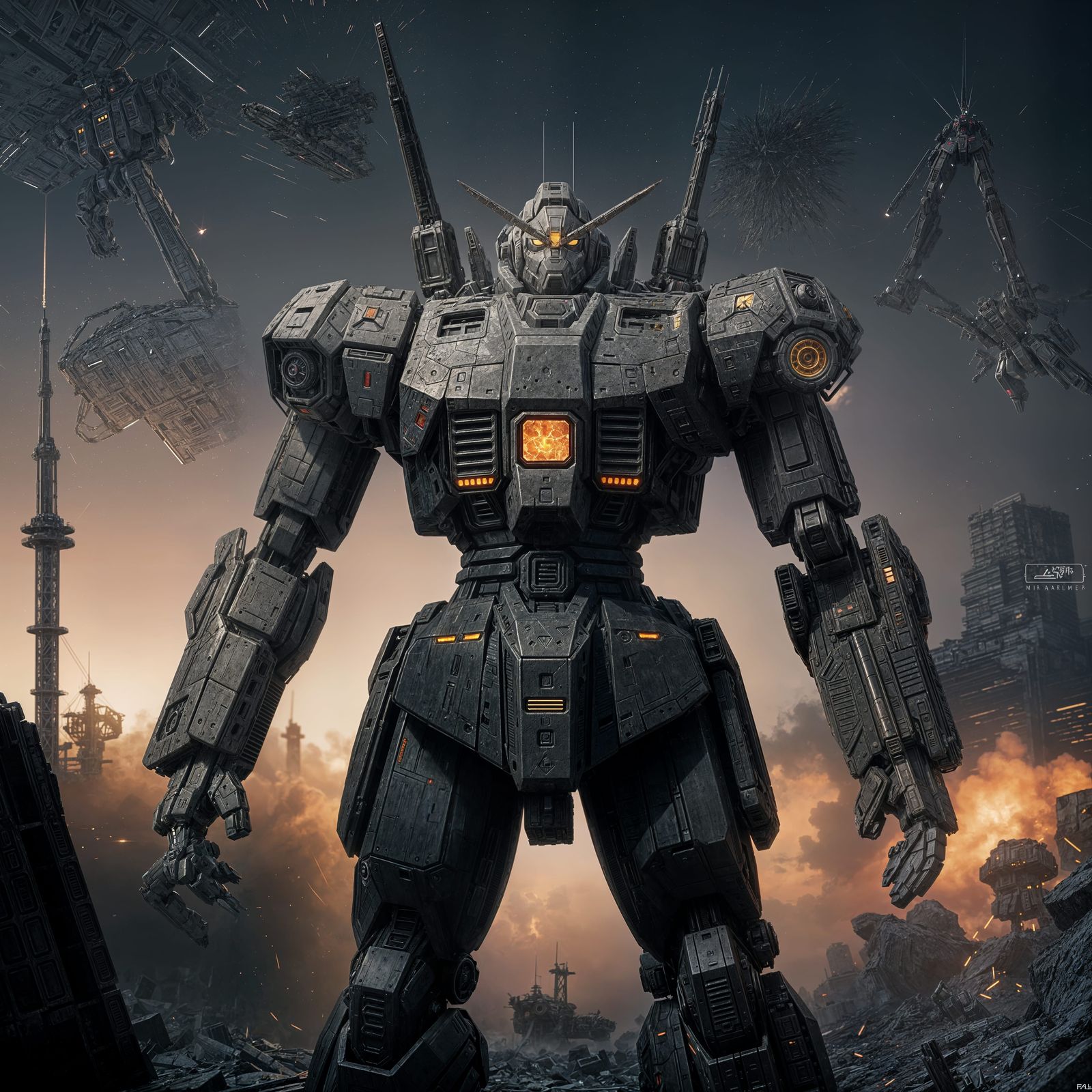 Battle-Damaged Gundam in War-Torn Sci-Fi Landscape