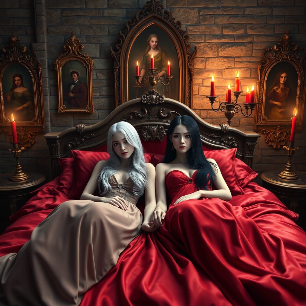 Gothic Nighttime Scene of Two Girls in Elegant Attire
