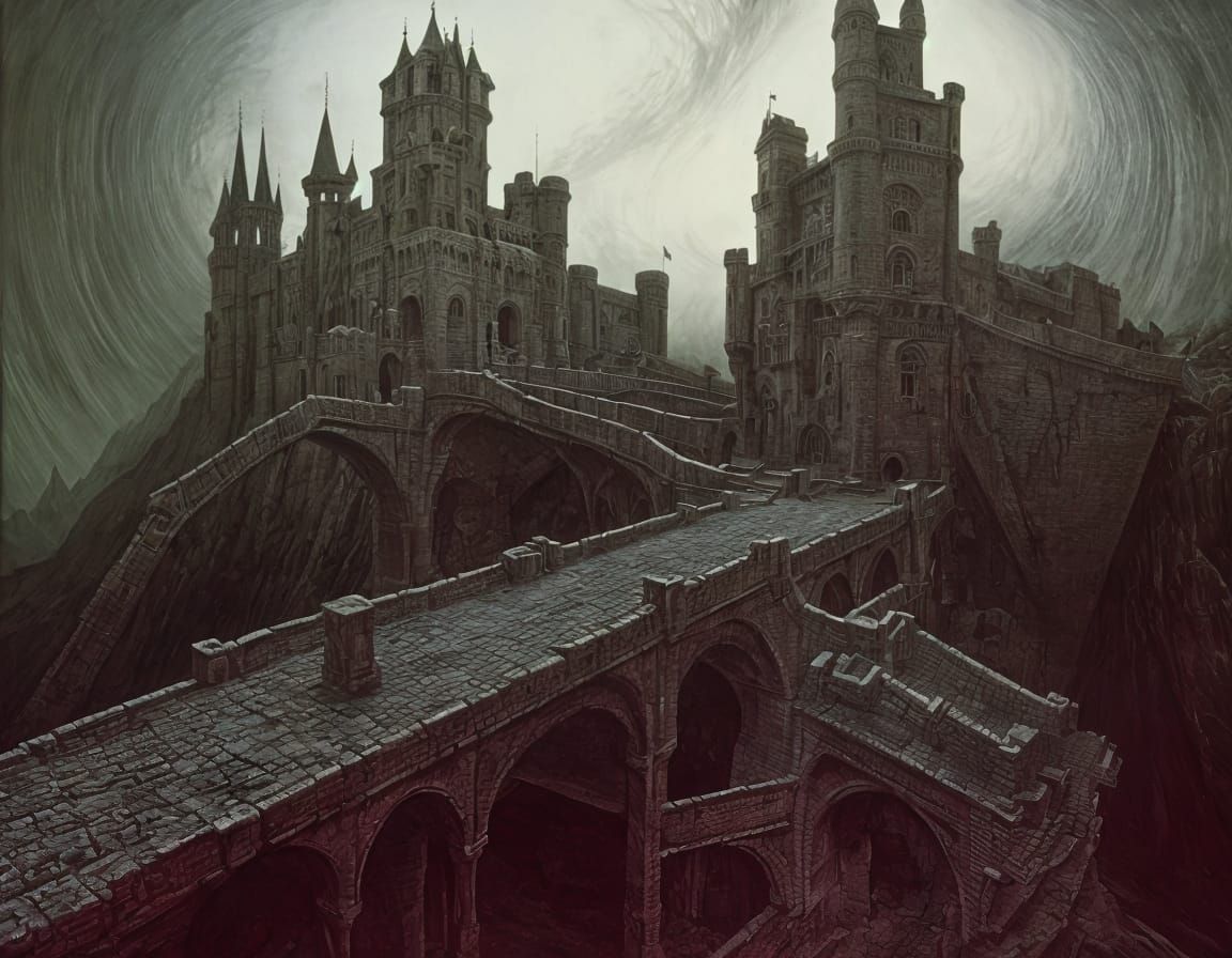 Surreal Castle Landscape in Dark, Twisted Style