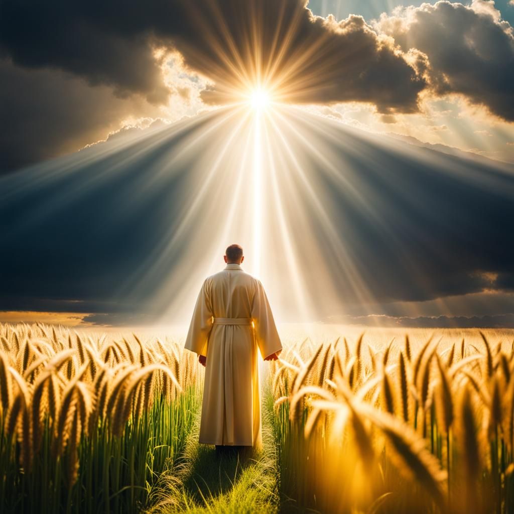 Monk Embraces Divine Light in Wheat Field
