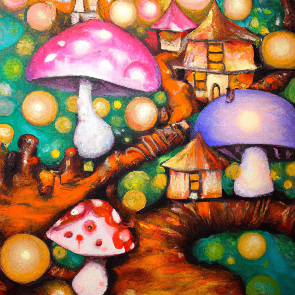 Enchanted Mushroom Village Oil Painting