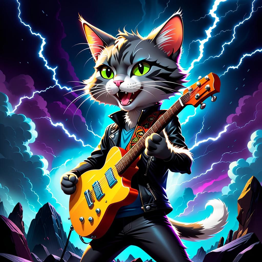 Anthropomorphic Cat Rock Star in Cartoon Style