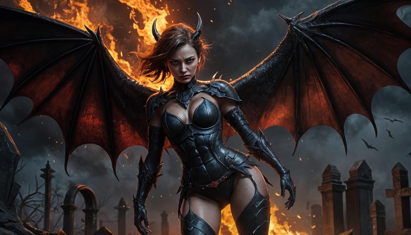 Demonic Woman with Bat Wings Under Blood Moon