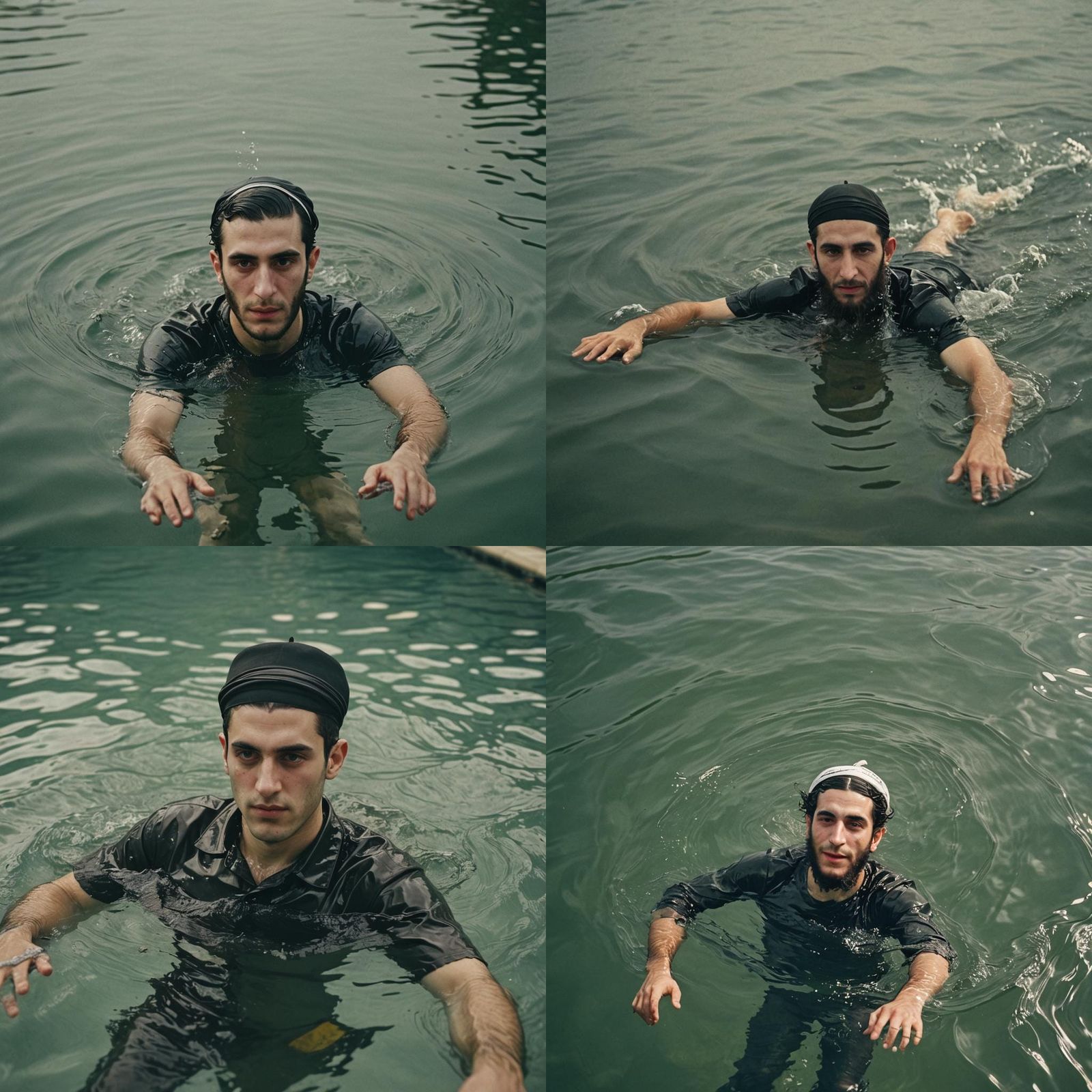 Orthodox Man Swimming in Talmud Book: Cinematic Still