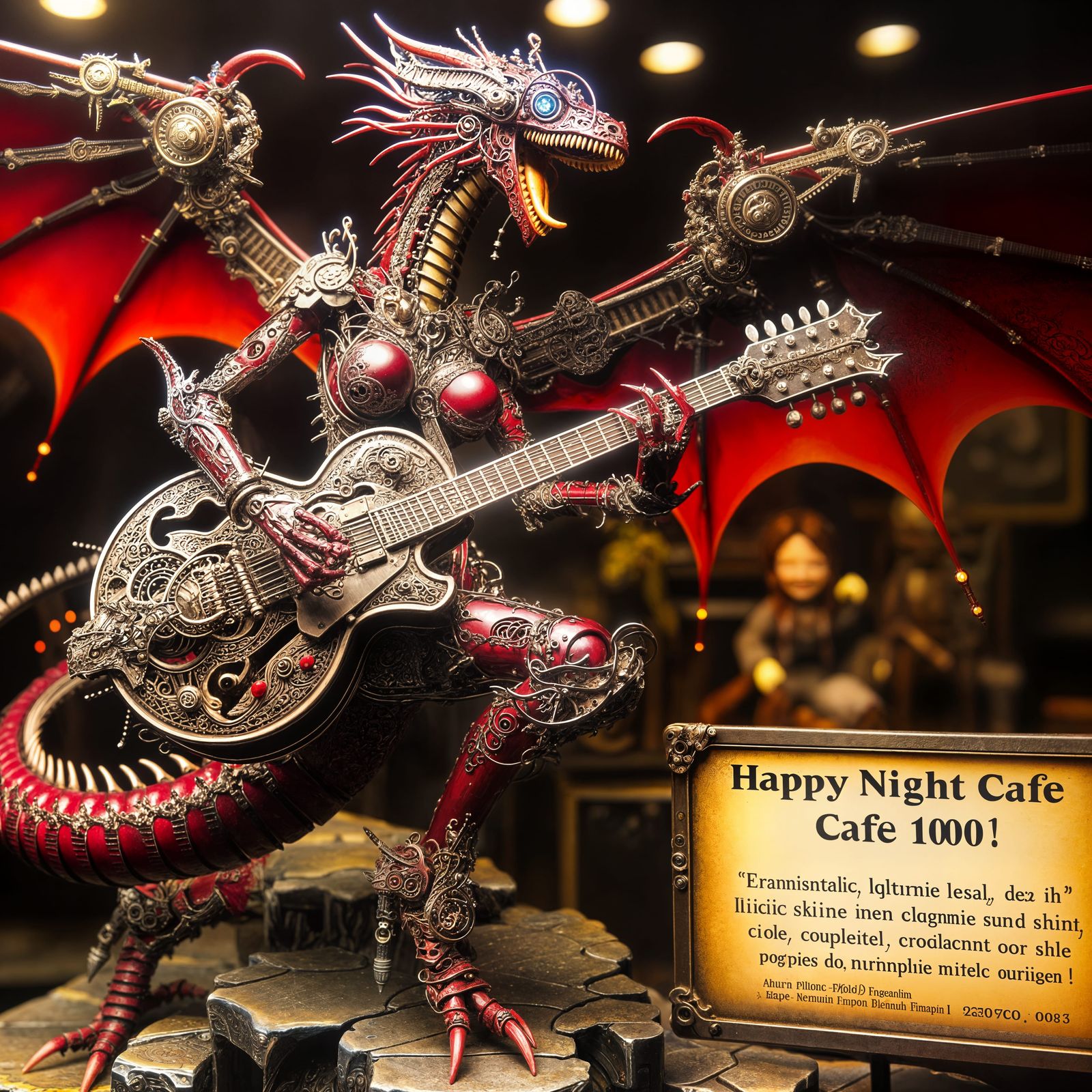 Crimson Steampunk Dragon Plays Metallic Guitar