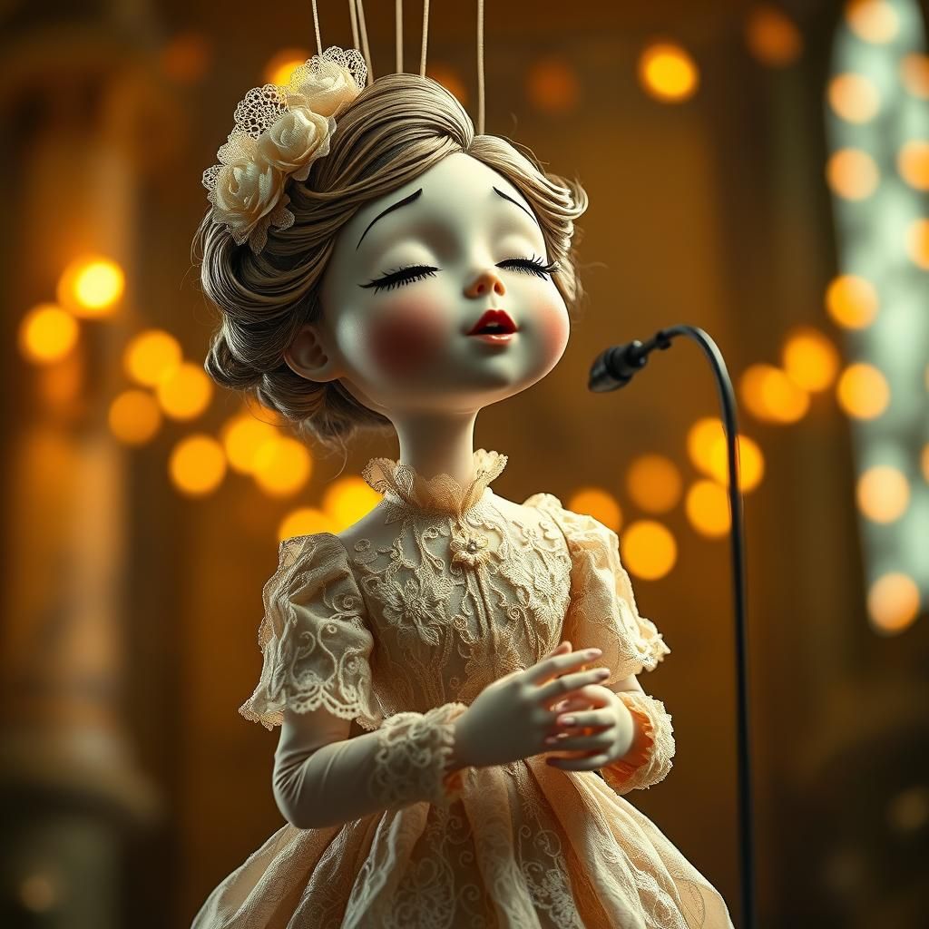 Victorian Porcelain Puppet Singing Under Stage Lights