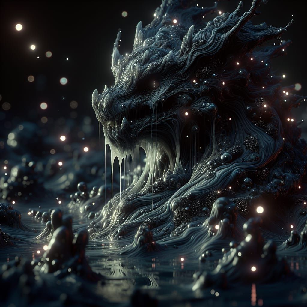 Ferrofluid Demon Emerges from Misty Swamp as Oil Painting