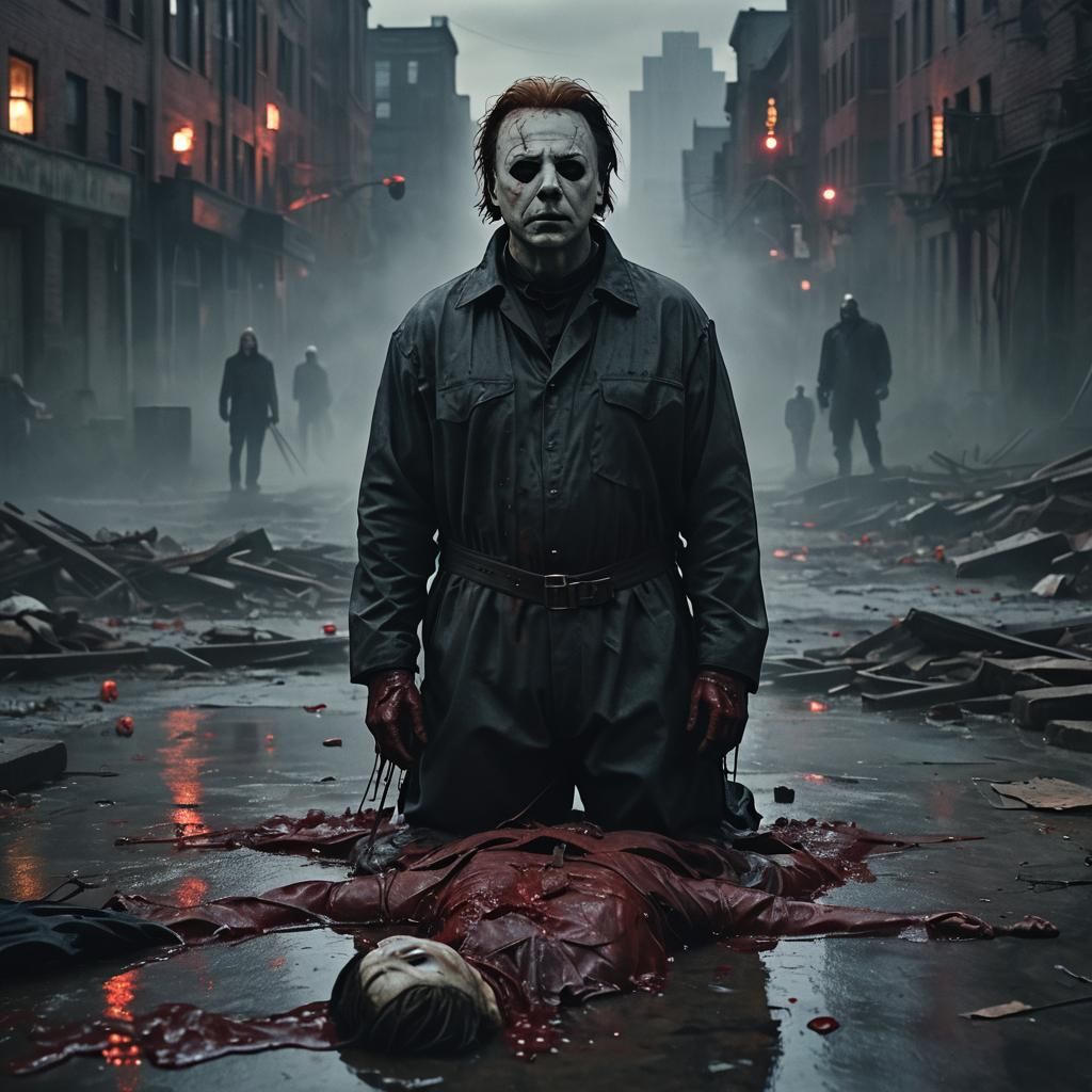 Michael Myers in Dark Gothic Cityscape