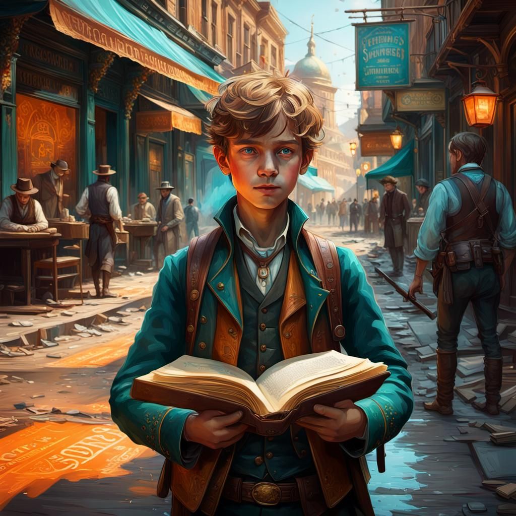 Boy Displays Book Cover on 1880s Western Street