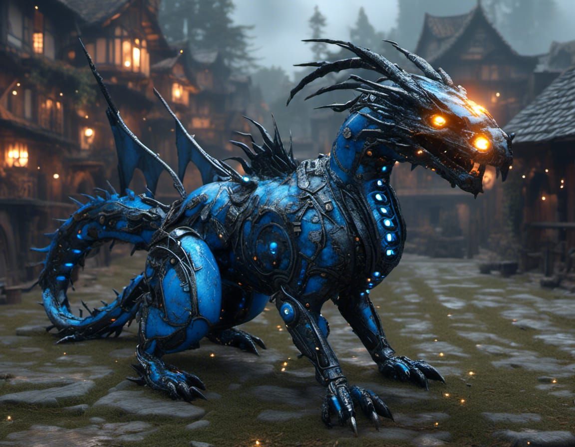 Futuristic Cyborg Dragon Ablaze Over Medieval Village