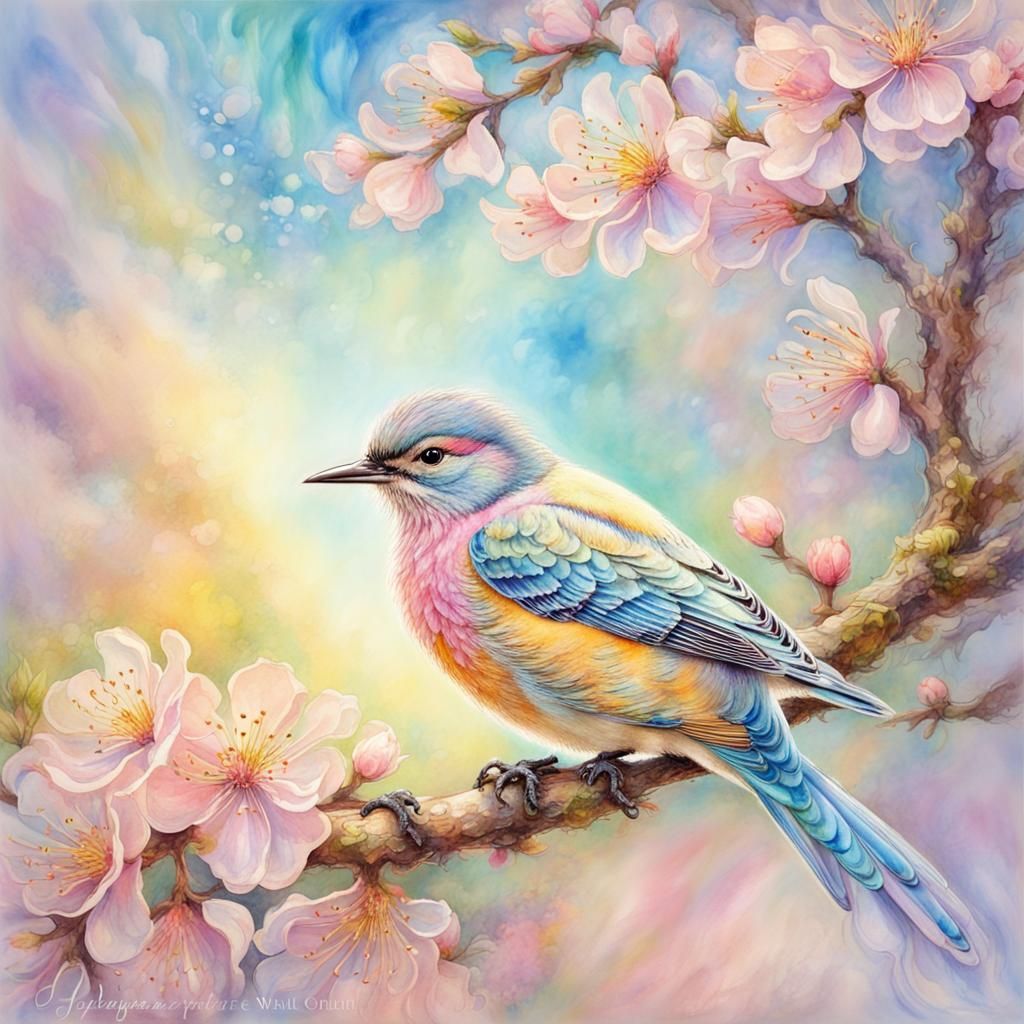 Pastel Bird on Cherry Blossom Branch Painting