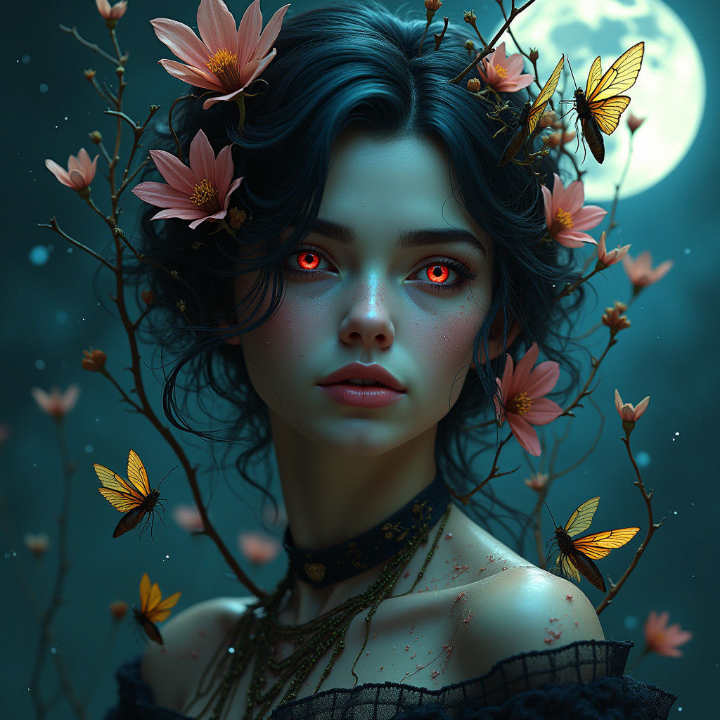 Enchanting Woman with Piercing Eyes in Mystical Moonlight