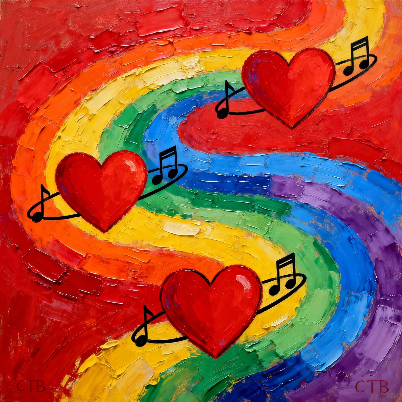 Vibrant Hearts Orbiting with Musical Notes on Rainbow Canvas