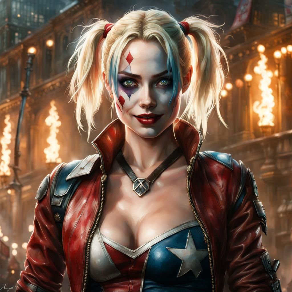 Hyperrealistic Harley Quinn Portrait in Watercolor Style