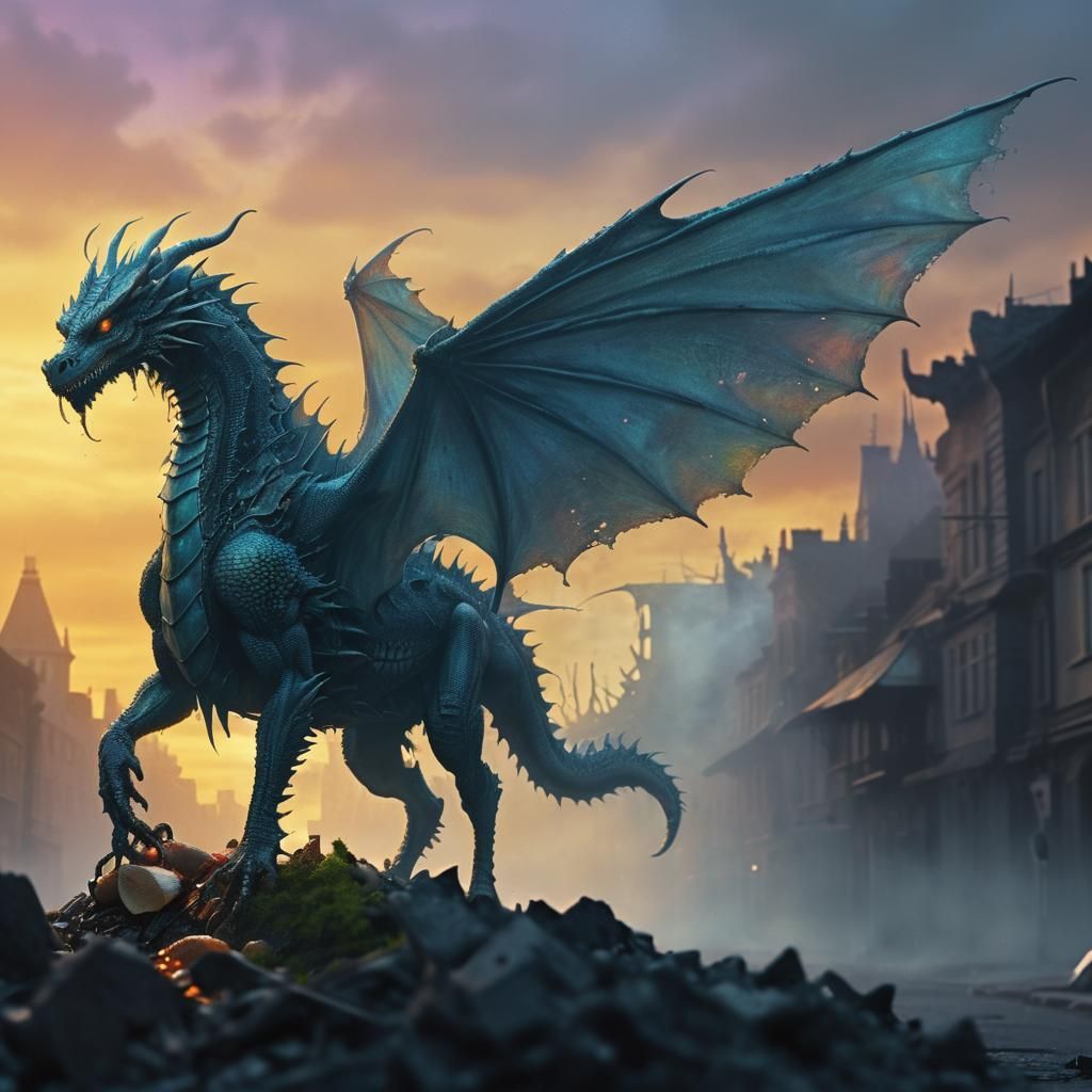 Dragon with Maggots on Decaying Street: Digital Art