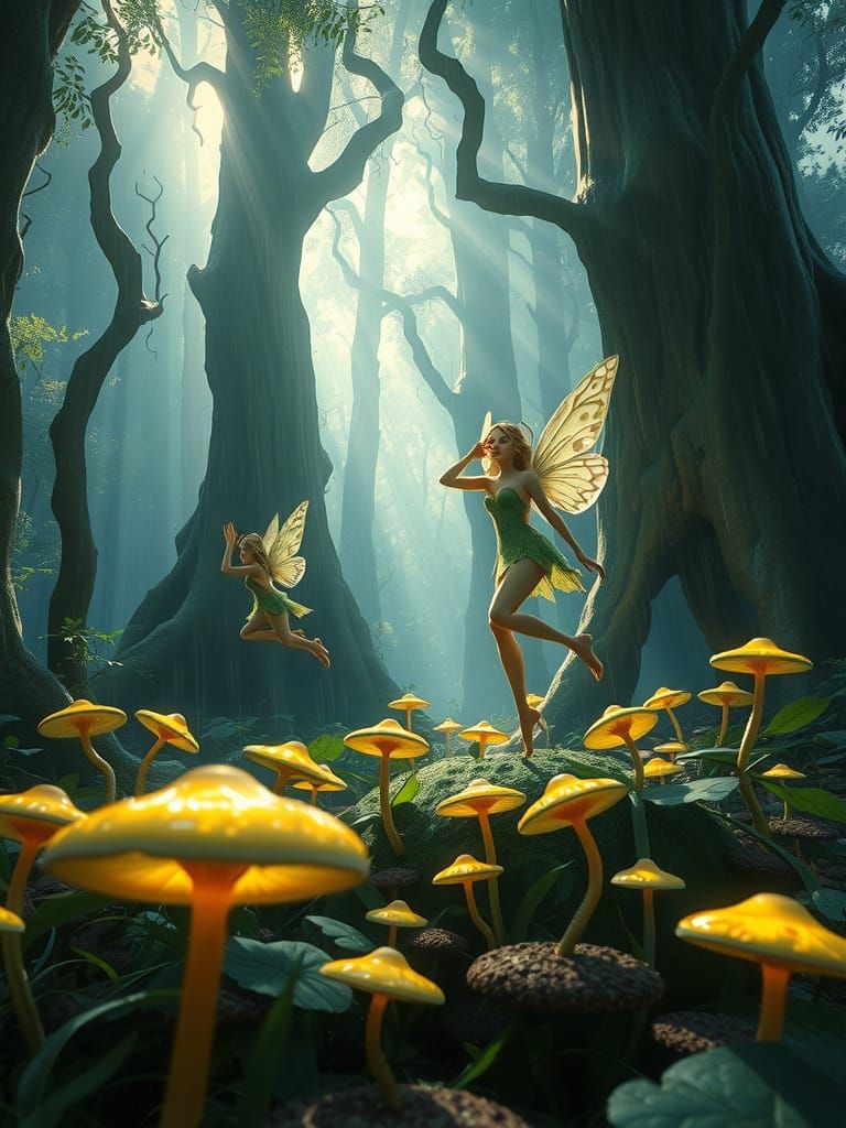 Whimsical Fairies in a Mystical Forest of Glowing Mushrooms