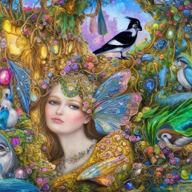 Magpie Fairy Nest with Glistening Gems