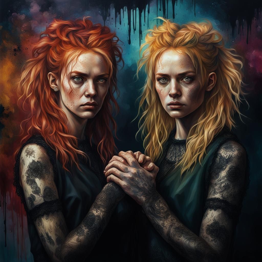 Gothic Portrait of Twin Women in Hyperrealism
