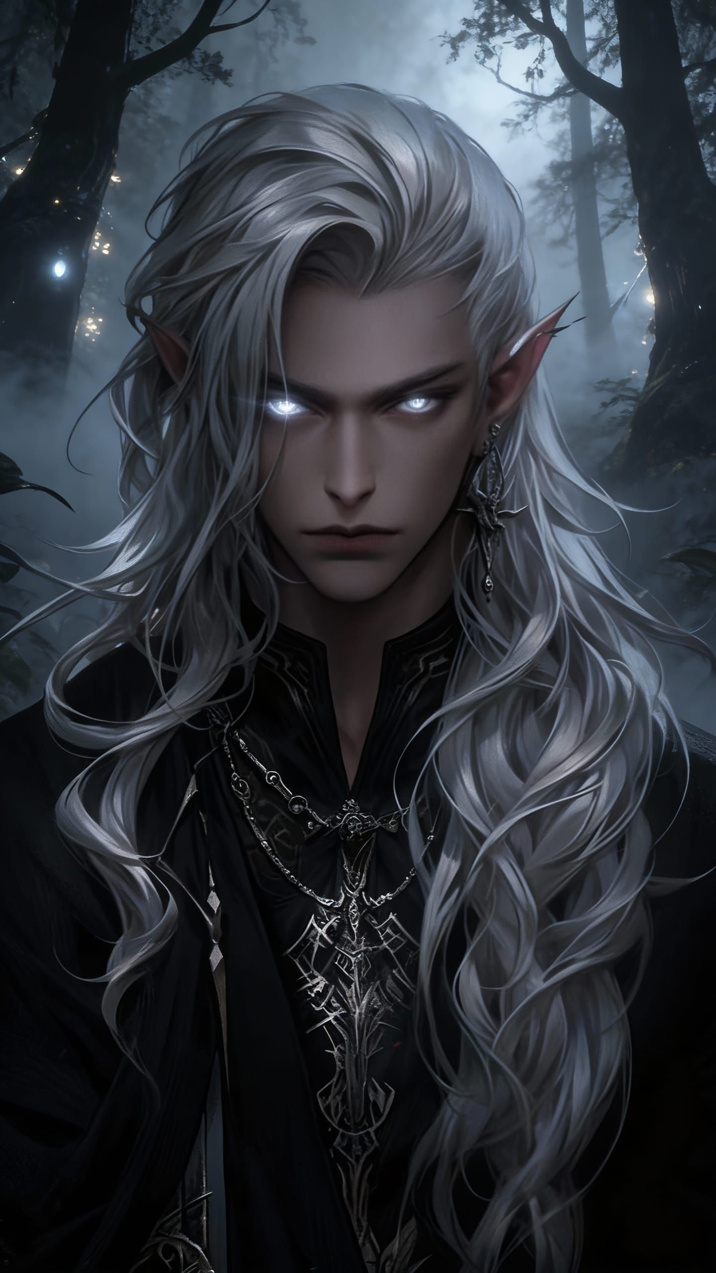 Mystical Elf Man with Silver Eyes in Dark Fantasy Art