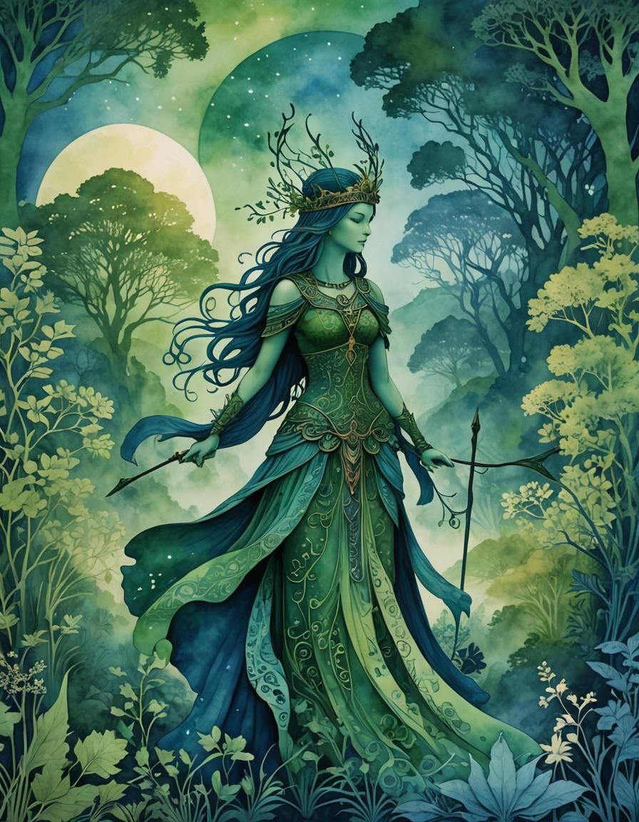 Green Artemis Silhouette in Fantasycore Style