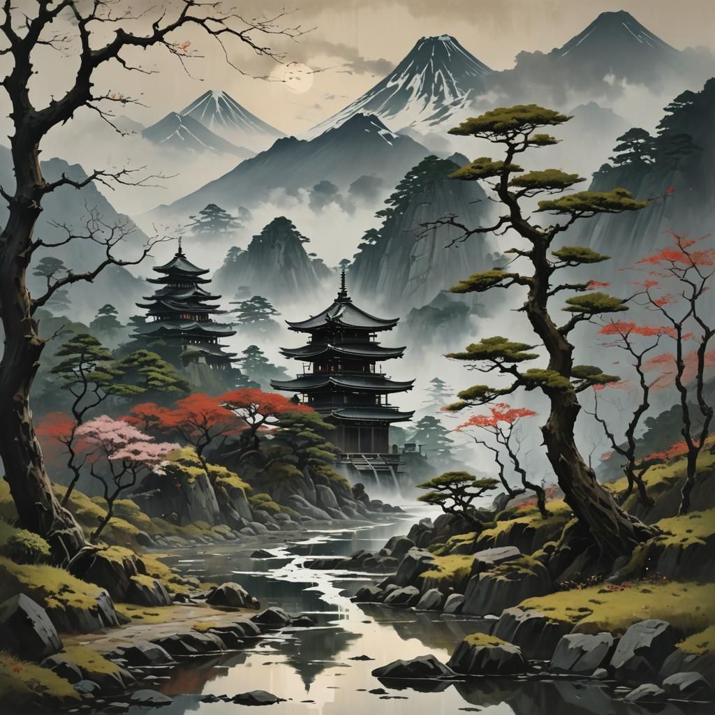 Sinister Japanese Landscape in Greg Rutkowski Style