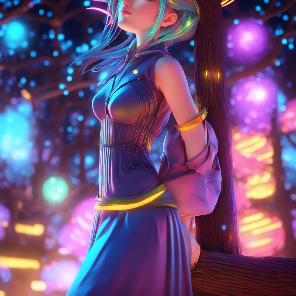 Anime Woman in Neon Tree: 3D Digital Art