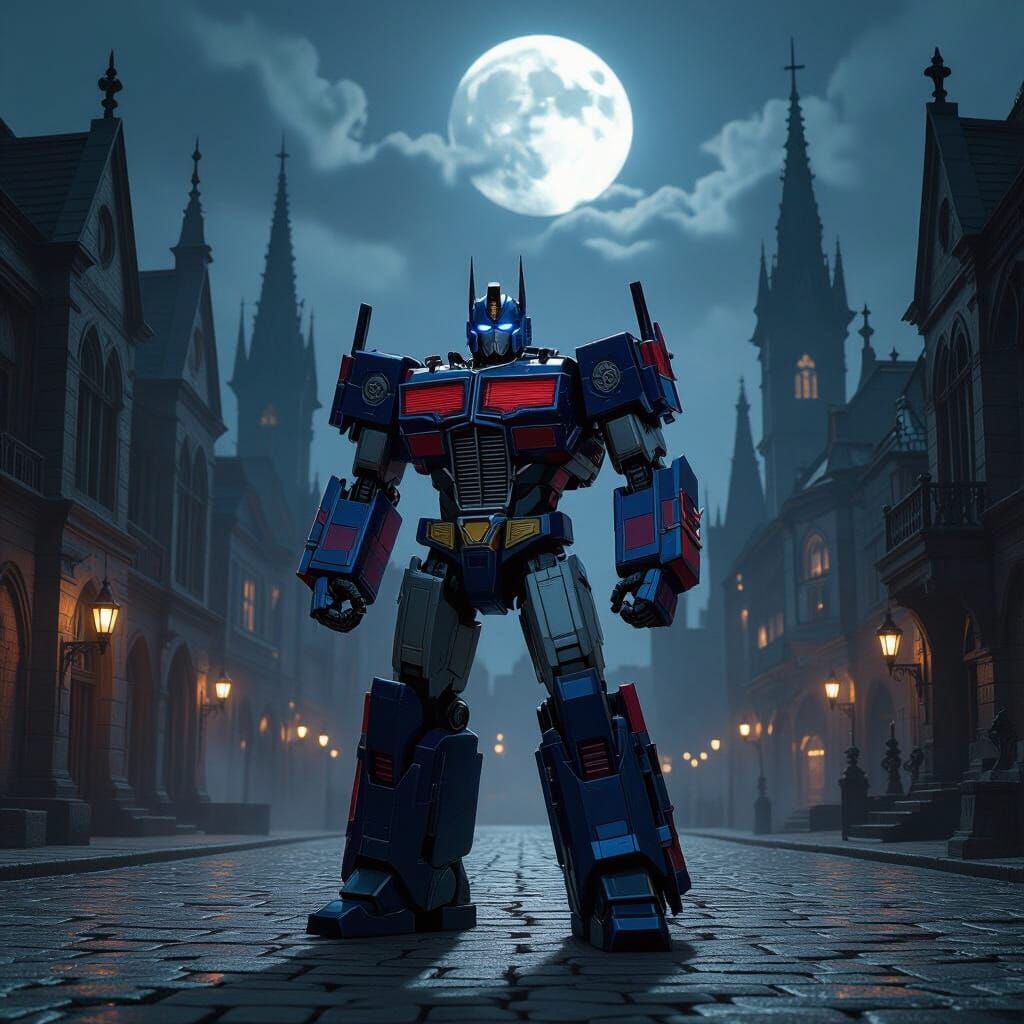 Optimus Prime Sings Ballad in Gothic Town Square