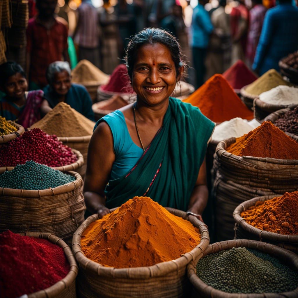 Woman Trading Spices in India: Watercolor Style