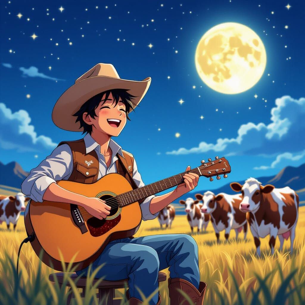 Cowboy Sings to Cows Under Starry Night Sky