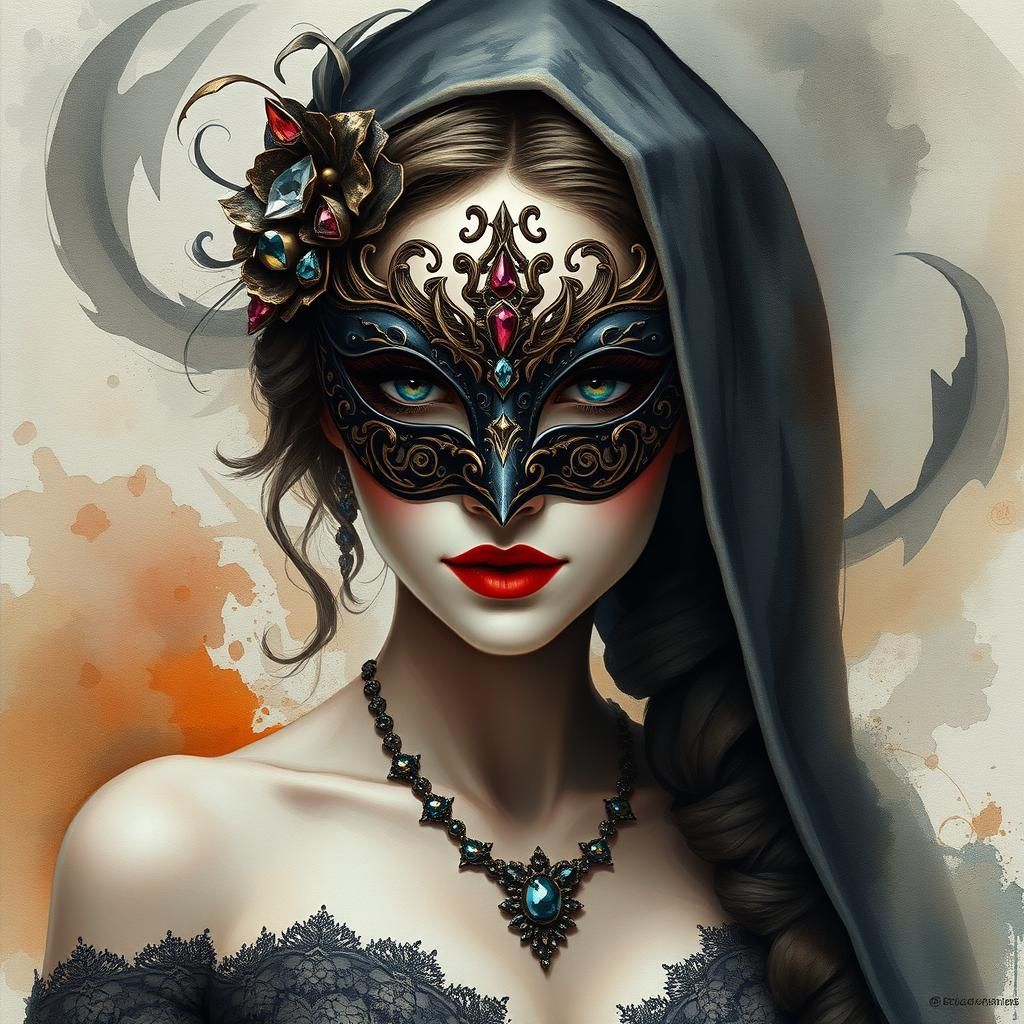 Mystical Gothic Woman in Watercolor Art Nouveau Style