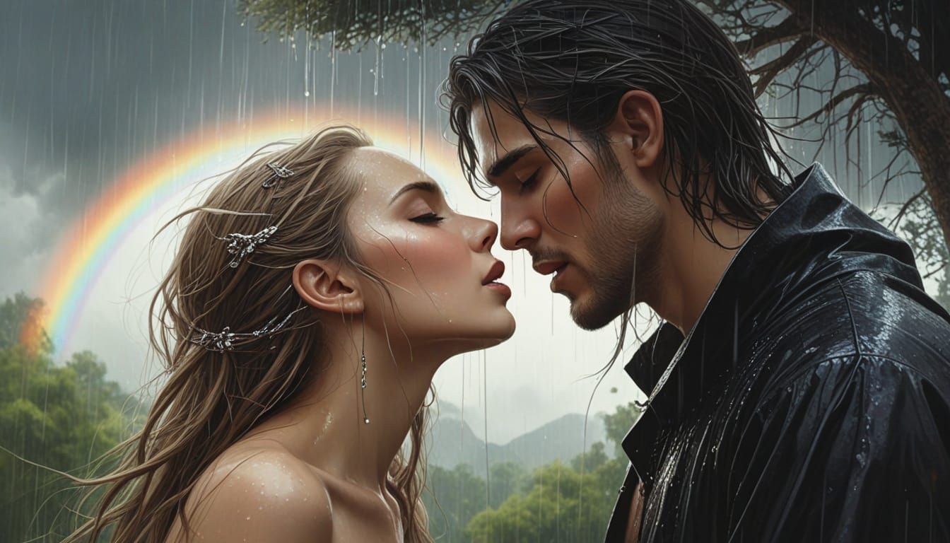Lovers Kissing Under Rainbow: Romantic Digital Art
